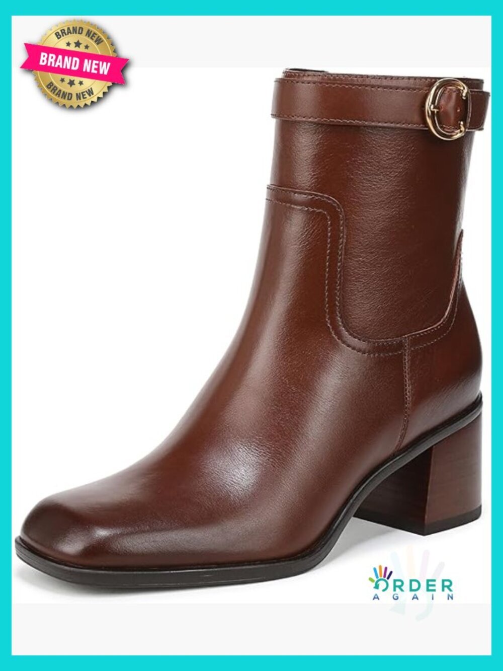 Ankle Boot with Metallic Buckle Strap Chunky Heel Round Toe Side Zip